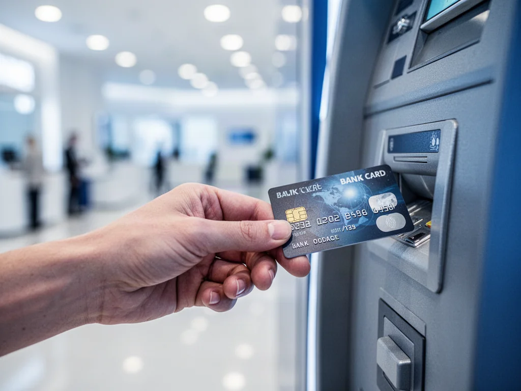 Dłoń wkładająca kartę płatniczą z chipem do szczeliny bankomatu w jasnym wnętrzu banku.