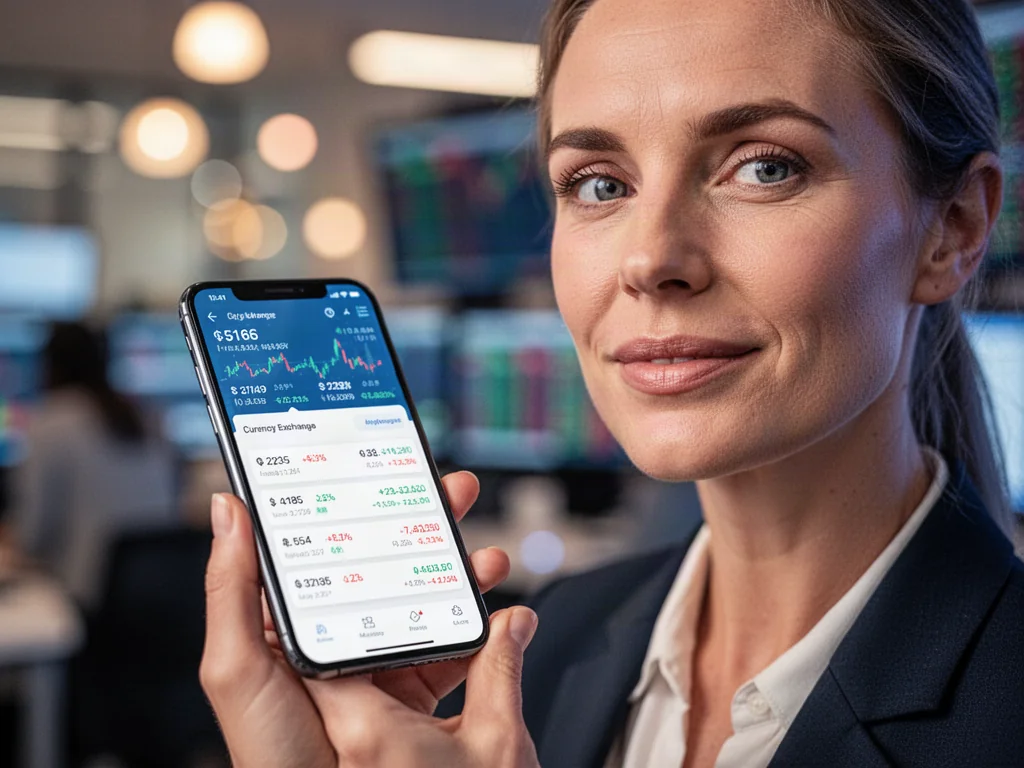 Kobieta trzymająca smartfon z aplikacją do przeliczania walut na tle biura finansowego.