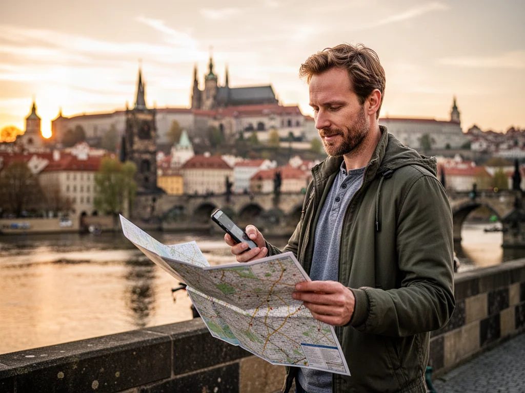 Turysta z mapą i smartfonem na Moście Karola w Pradze o zachodzie słońca, z widokiem na Zamek na Hradczanach w tle.