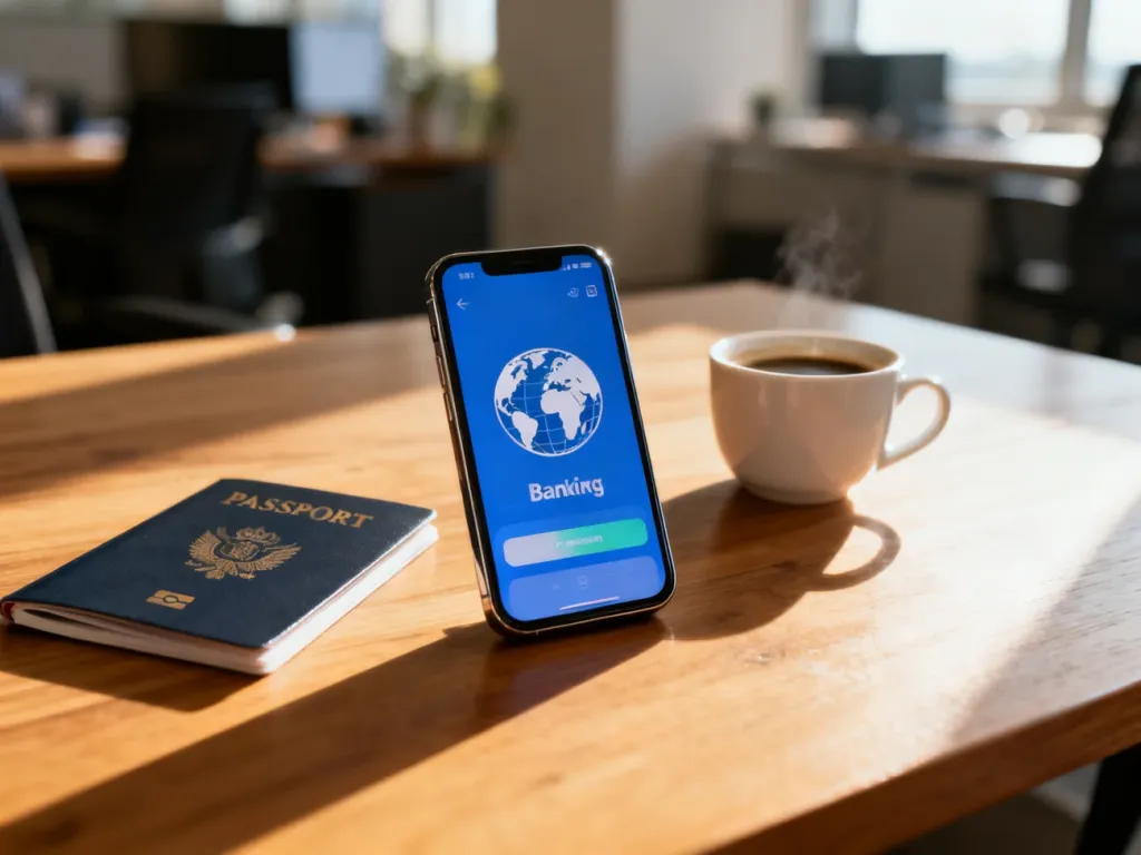 Smartfon z aplikacją bankową, paszportem i kawą na biurku, symbolizujący proces wykonywania przelewu zagranicznego.