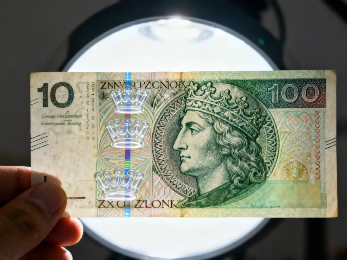 Banknot 100 zł oglądany pod światło w celu sprawdzenia zabezpieczeń