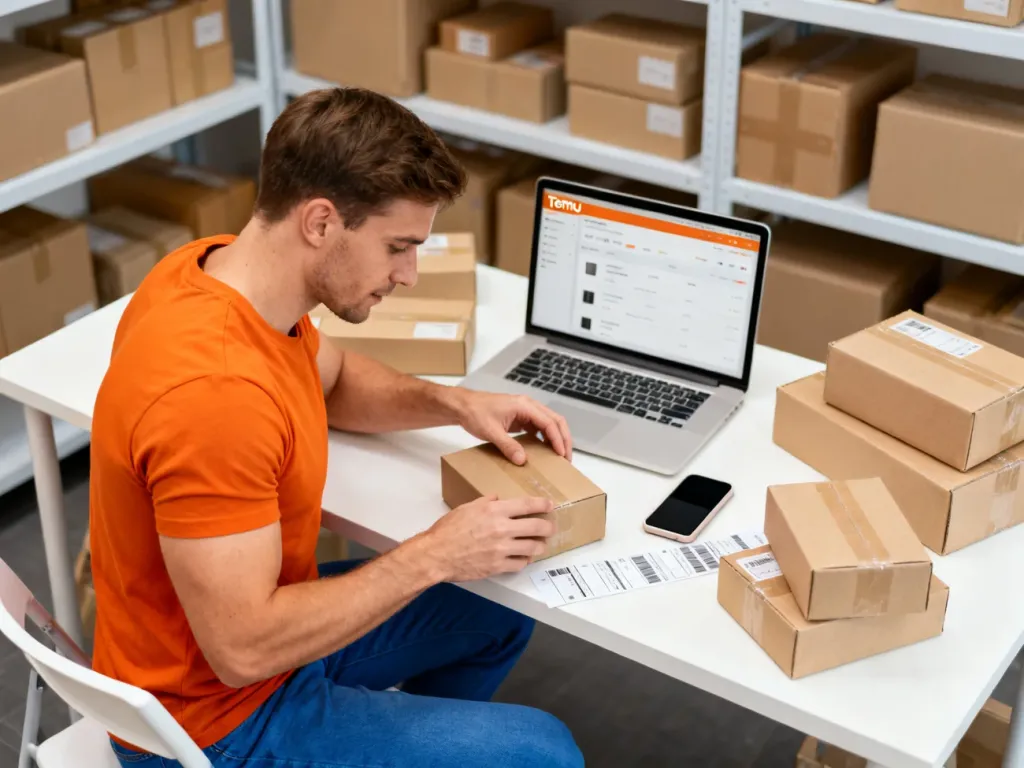 Sprzedawca przygotowuje paczki do wysyłki na tle laptopa z panelem sklepu internetowego, symbolizując pracę w e-commerce.