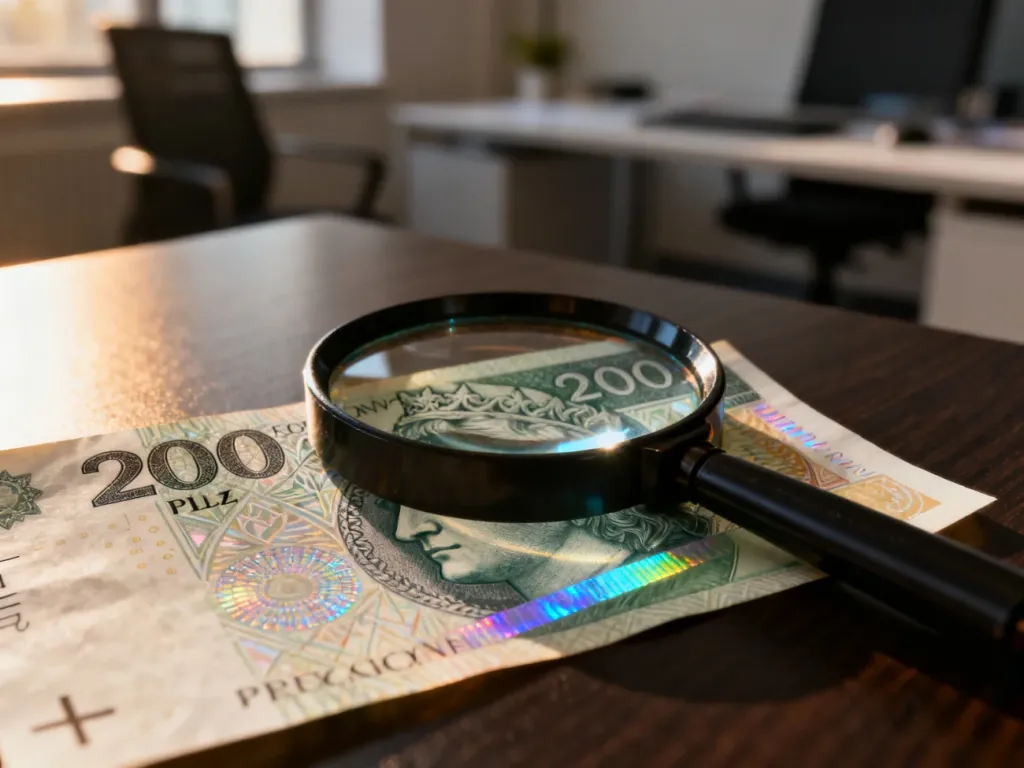 Banknot 200 zł z lupą na drewnianym biurku, ukazujący detale zabezpieczeń i znak wodny w celu weryfikacji autentyczności.