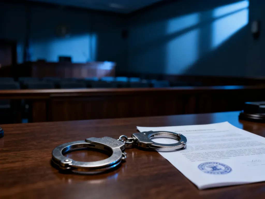 Kajdanki leżące na dokumentach prawnych w sali sądowej, symbolizujące konsekwencje prawne czynów karalnych nieletnich.