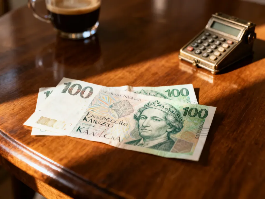 Dwa banknoty o nominale 100 koron czeskich leżące na drewnianym stole w promieniach porannego słońca.