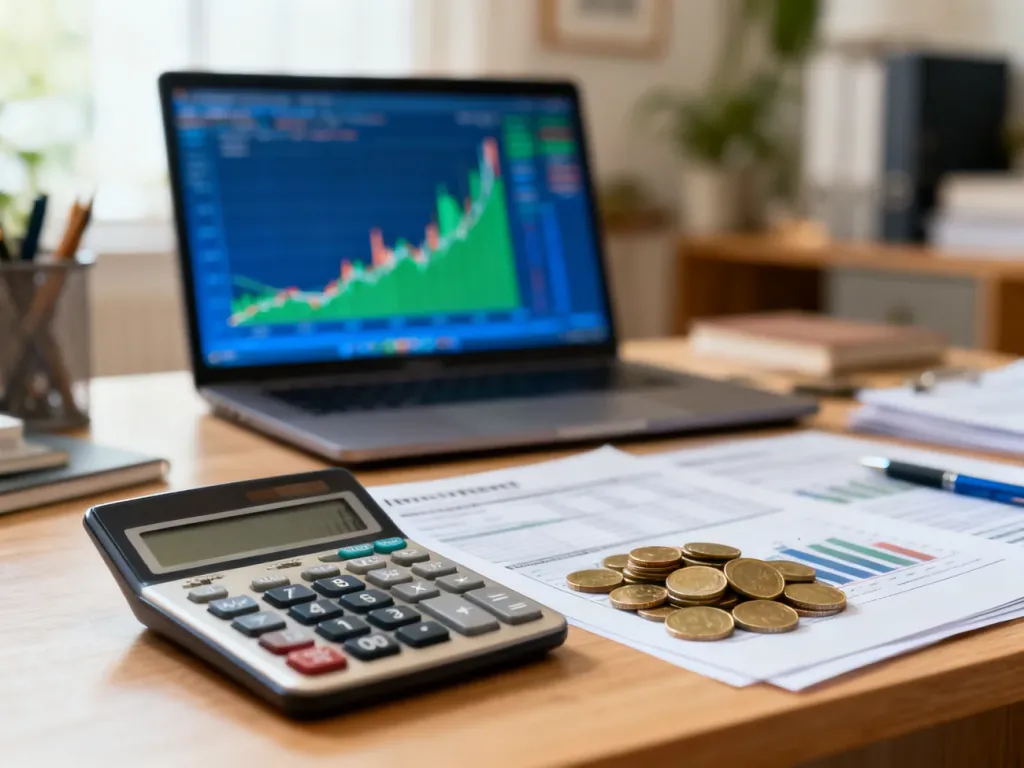 Kalkulator, monety i dokumenty inwestycyjne na biurku, symbolizujące zarządzanie finansami i opodatkowanie zysków.