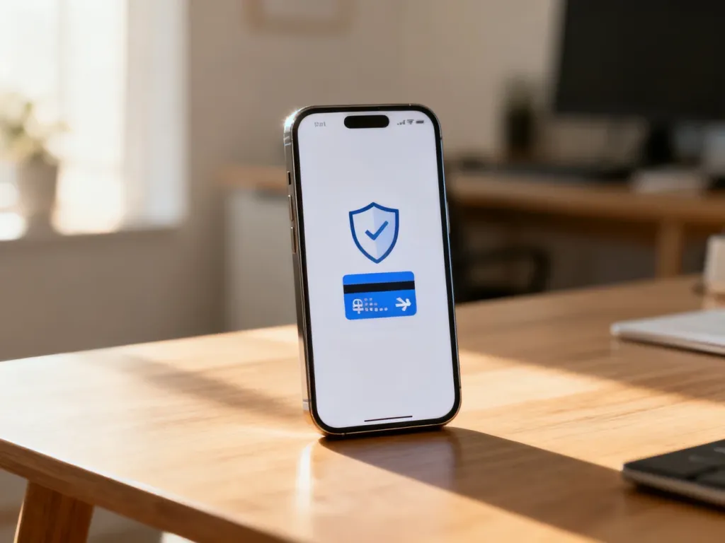 Smartfon na biurku z otwartą aplikacją bankową, symbolizującą bezpieczne płatności mobilne.