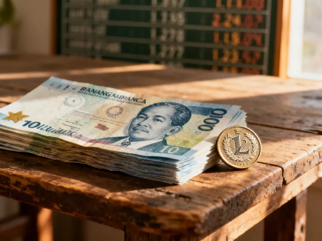 Stos banknotów filipińskich peso obok polskiej monety na drewnianym stole, ilustrujące przelicznik walut.