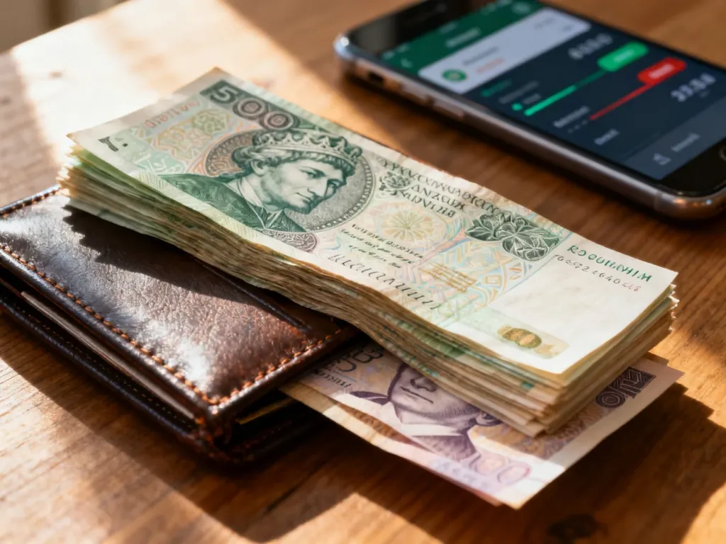 Skórzany portfel z banknotami złotych i hrywien na drewnianym stole oraz smartfon z aplikacją do przeliczania walut w tle.
