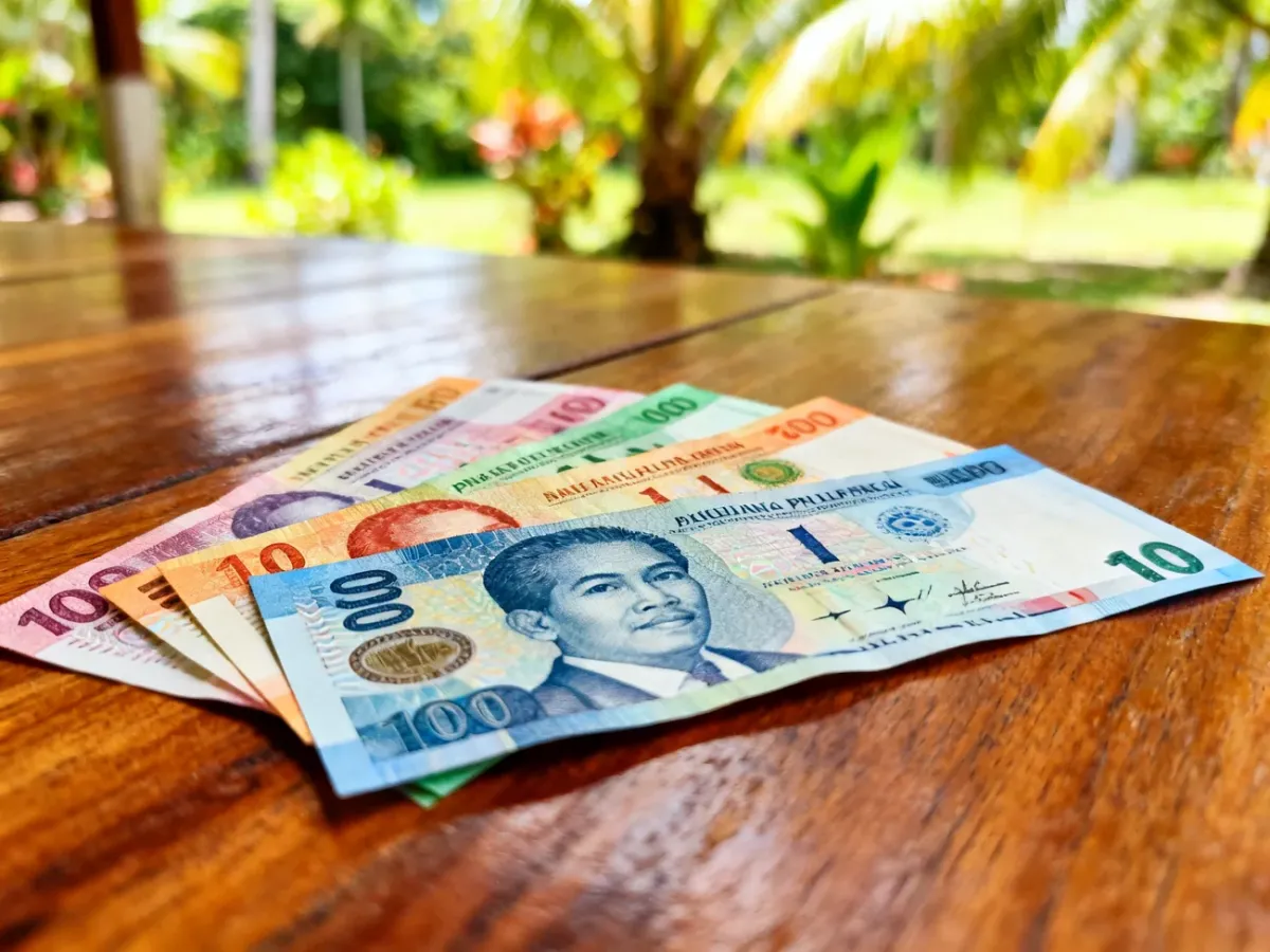 Banknoty filipińskiego peso na tle tropikalnego otoczenia