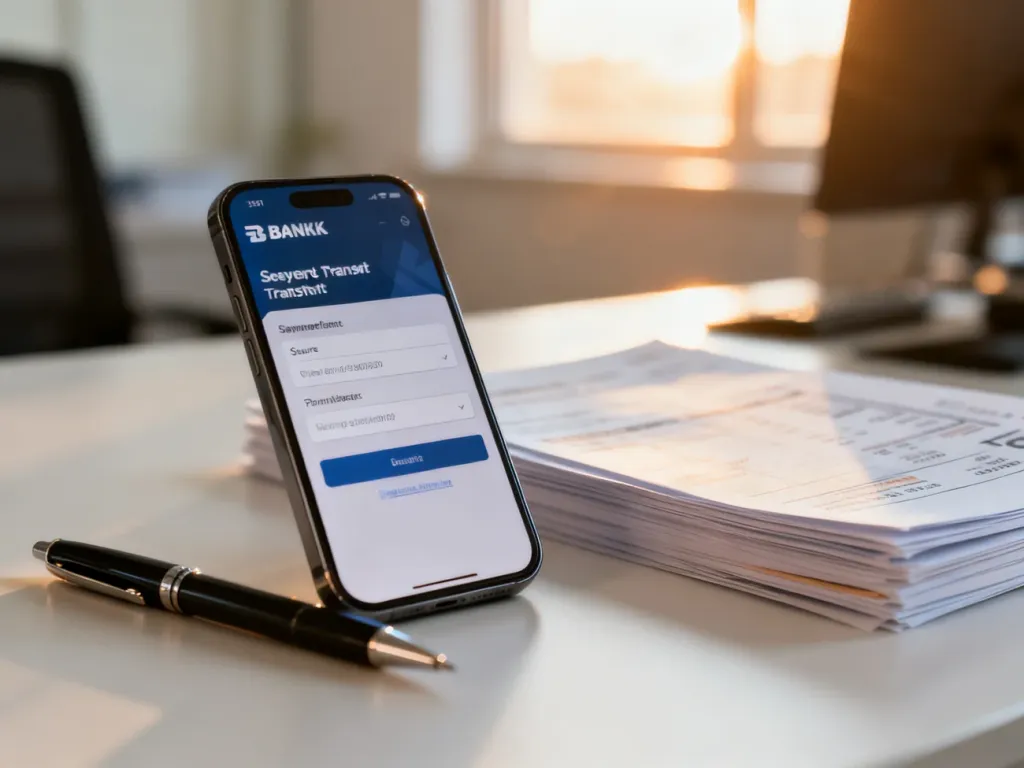 Smartfon z otwartym formularzem przelewu bankowego na biurku z dokumentami finansowymi w słonecznym biurze.