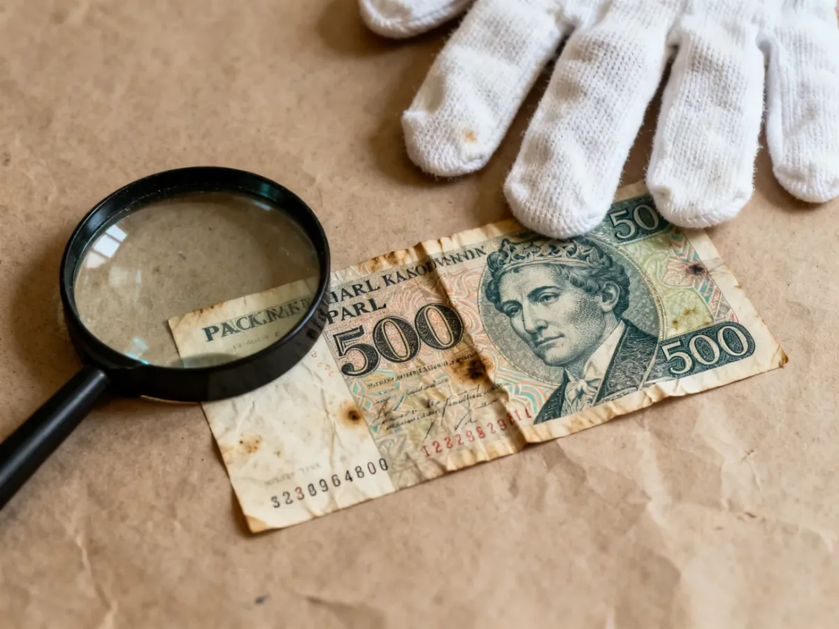 Oglądanie starego banknotu 500 zł pod lupą