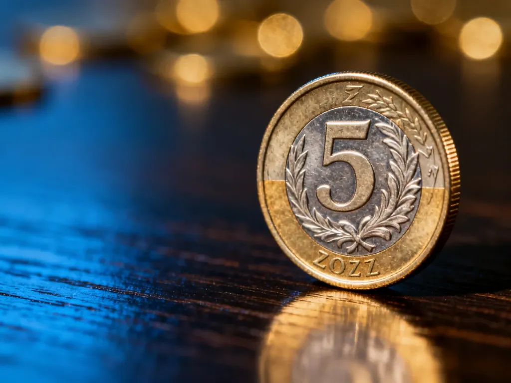 Bimetaliczna moneta pięciozłotowa na ciemnym, połyskującym blacie w otoczeniu złotych świateł bokeh.