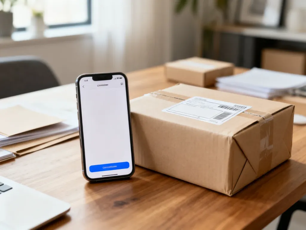 Smartfon z ekranem potwierdzenia sprzedaży obok zapakowanej paczki z etykietą na drewnianym biurku.