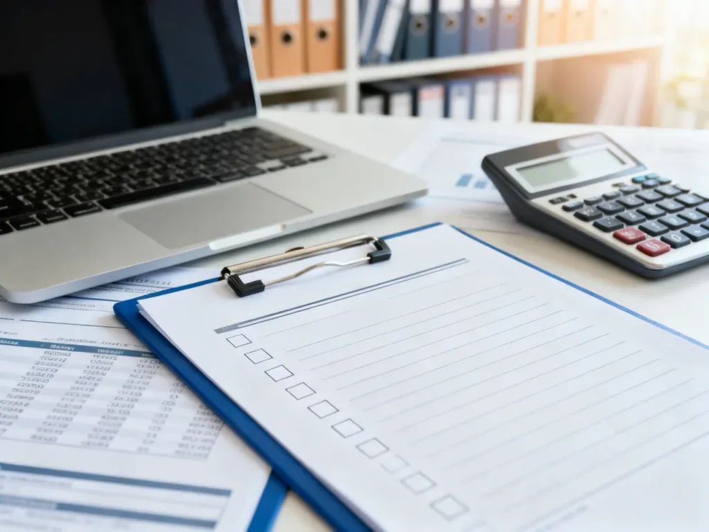Profesjonalne stanowisko pracy z dokumentami księgowymi i kalkulatorem, symbolizujące planowanie podatkowe w firmie.