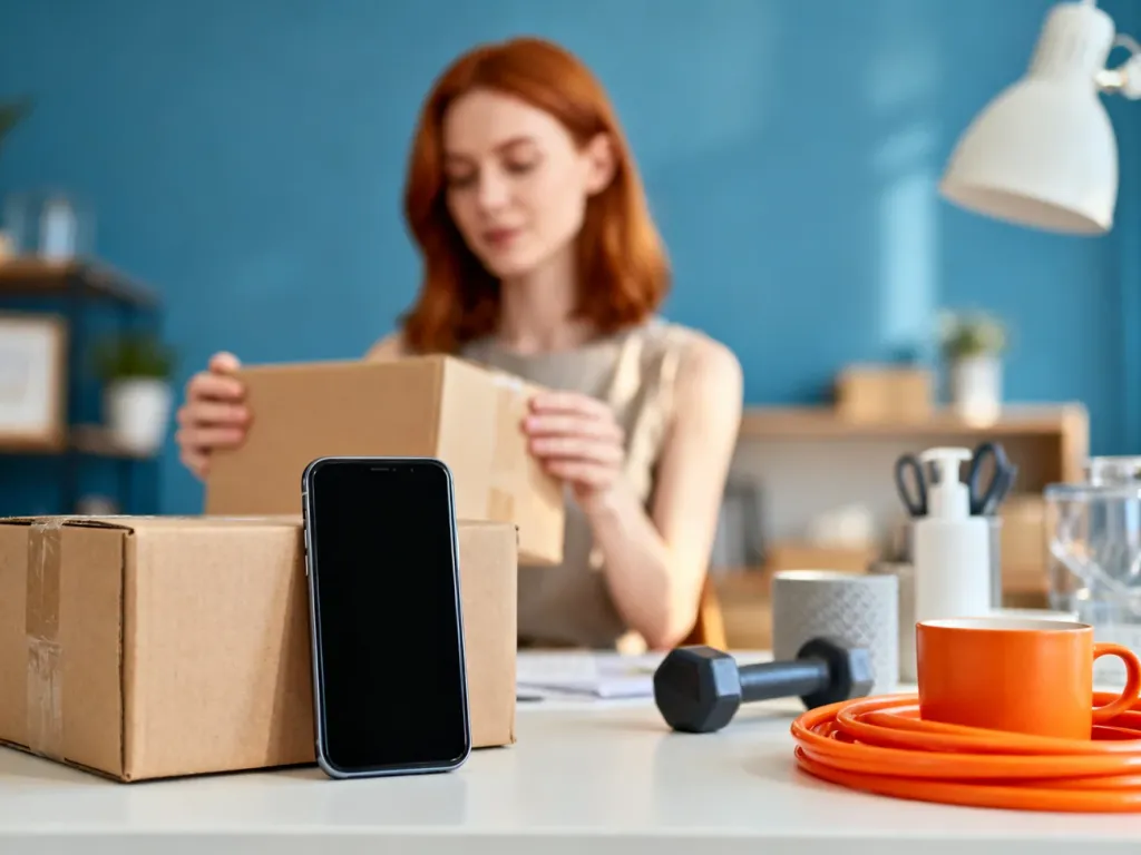 Kobieta przygotowuje paczkę z przedmiotem do wysyłki na biurku, co ilustruje proces sprzedaży na portalu OLX.