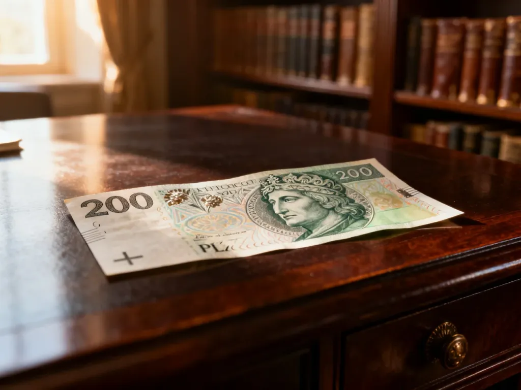 Zbliżenie na banknot 200 zł z widocznym portretem króla Zygmunta I Starego oraz detalami zabezpieczeń na tle biblioteki.