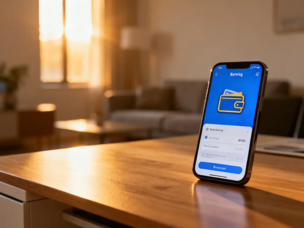 Smartfon z otwartą aplikacją bankową leżący na drewnianym biurku, symbolizujący bezpieczne zarządzanie płatnościami BLIK.