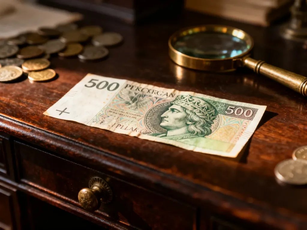 Zabytkowy banknot 500 zł leżący na drewnianym biurku w otoczeniu starych monet i lupy, podkreślający wartość numizmatyczną.
