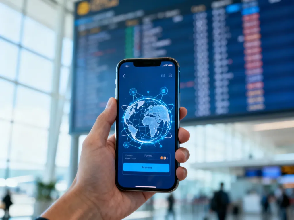 Dłoń trzymająca smartfon z interfejsem płatności cyfrowych na tle tablicy lotów, symbolizująca płatności BLIK za granicą.