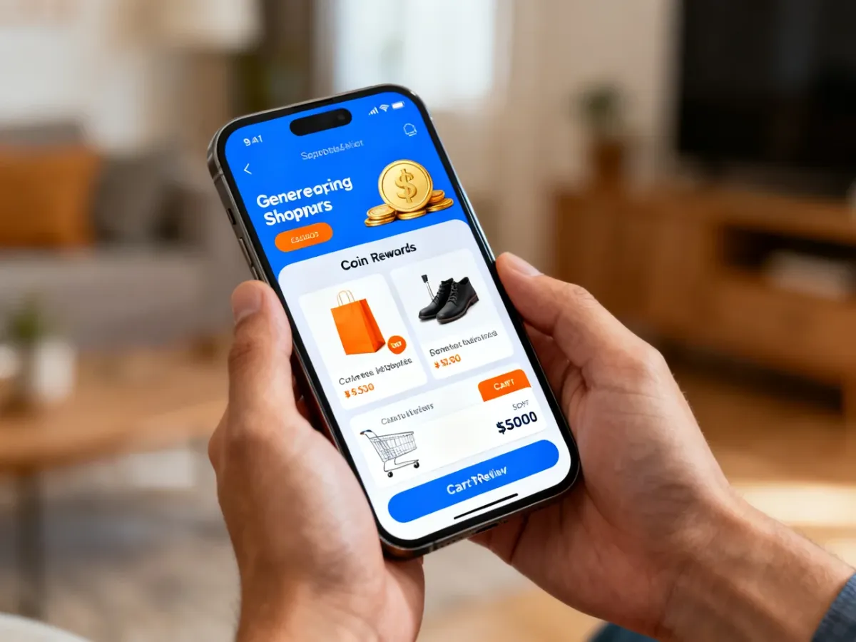 Smartfon z sekcją monet i podglądem rabatu zakupowego
