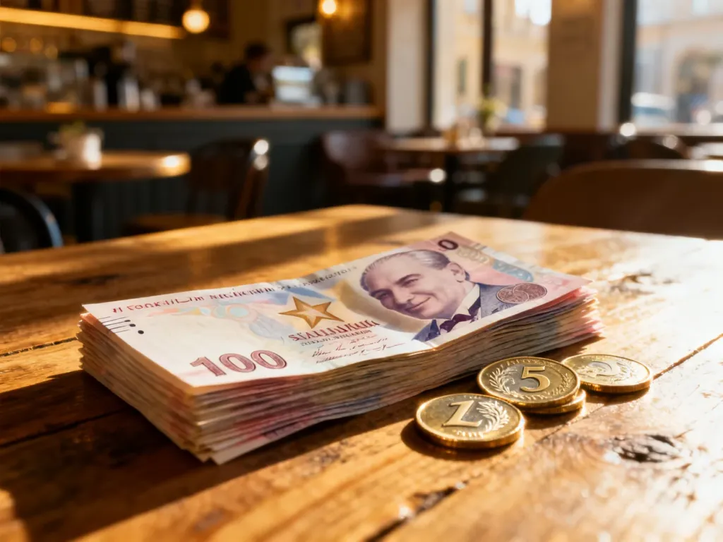 Stos tureckich banknotów obok polskich monet na drewnianym stole, ilustrujący porównanie walut.