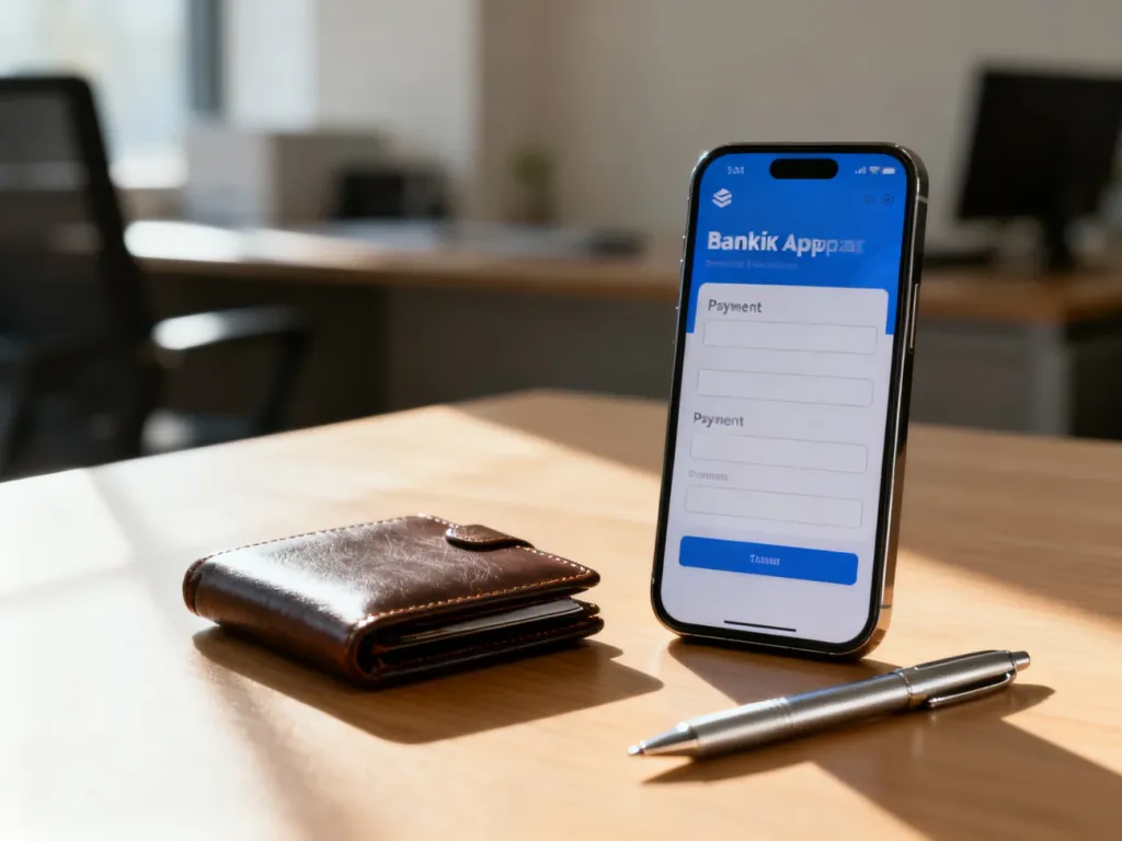 Smartfon z otwartą aplikacją bankową leżący na biurku, gotowy do wypełnienia danych odbiorcy przelewu.