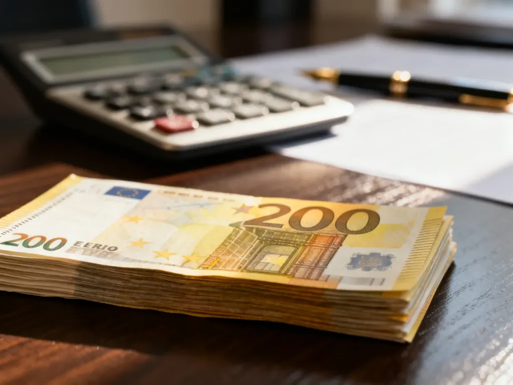 Stos banknotów o nominale 200 euro leżący na drewnianym biurku obok kalkulatora, symbolizujący przelicznik walut.