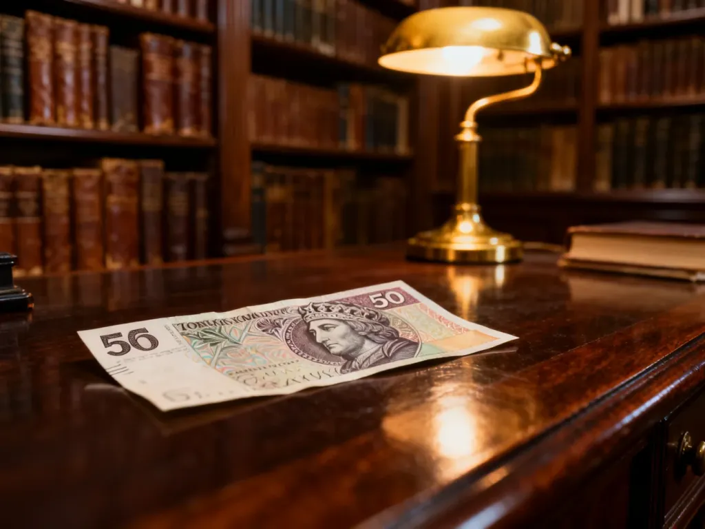 Banknot pięćdziesięciozłotowy leżący na drewnianym biurku w gabinecie z książkami w tle.