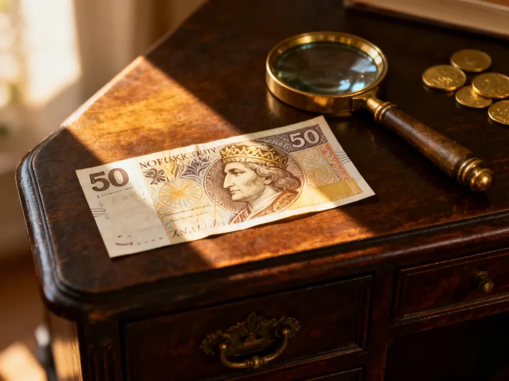 Stary banknot 50 zł leżący na drewnianym biurku obok lupy i złotych monet, podkreślający wartość kolekcjonerską.