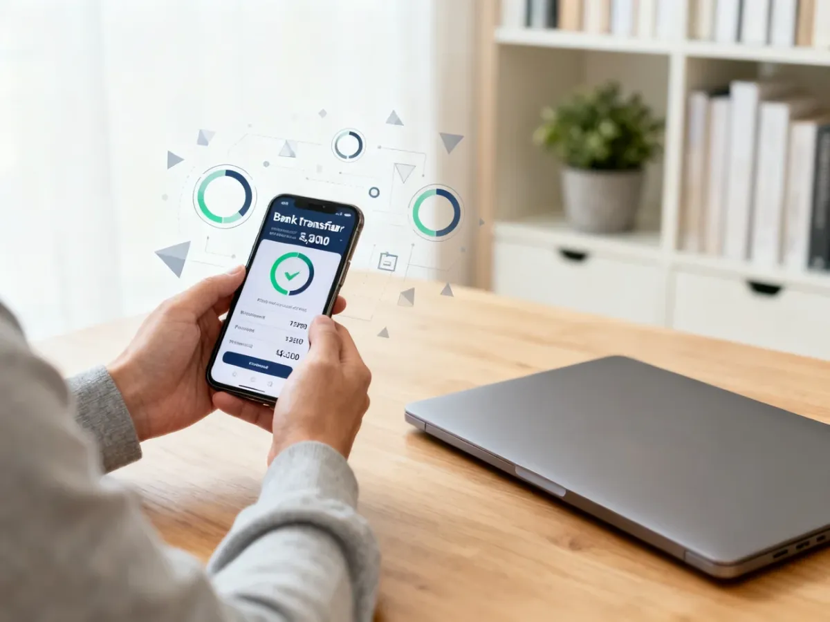 Osoba sprawdzająca podsumowanie przelewu bankowego na smartfonie