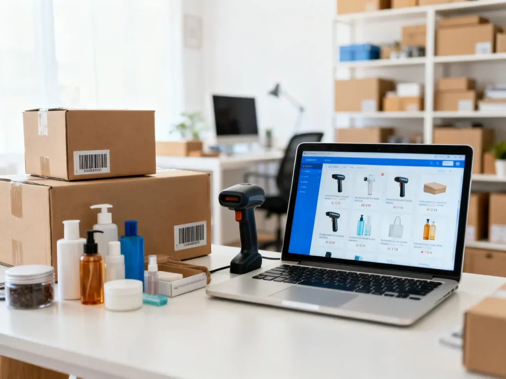 Stanowisko pracy z laptopem, paczkami i skanerem kodów, ilustrujące proces przygotowania produktów do sprzedaży na Amazon.