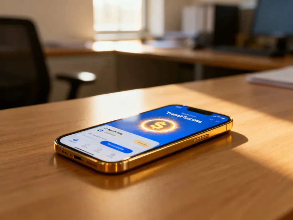 Smartfon z otwartą aplikacją bankową na drewnianym biurku, symbolizujący udany i szybki przelew bankowy.