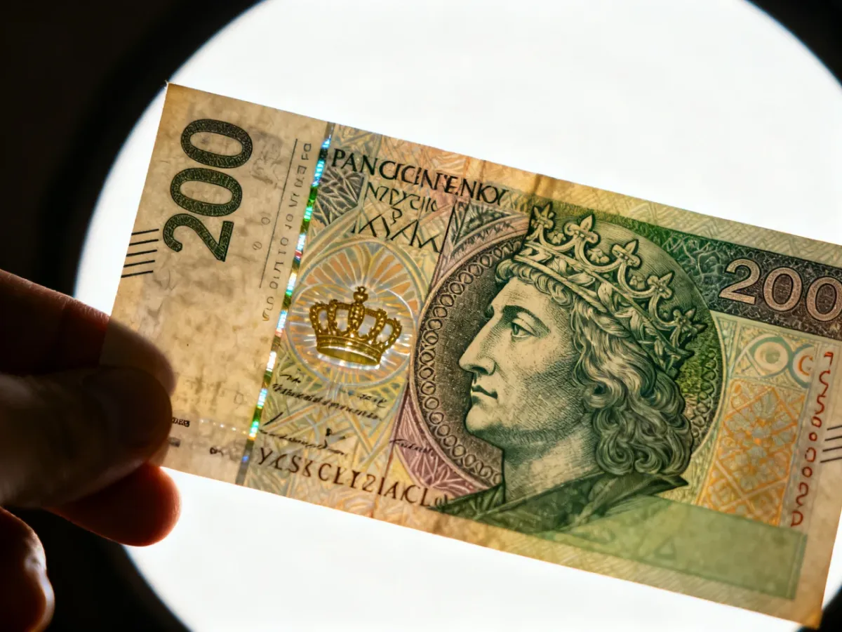 Banknot 200 zł oglądany pod światło z widocznymi zabezpieczeniami