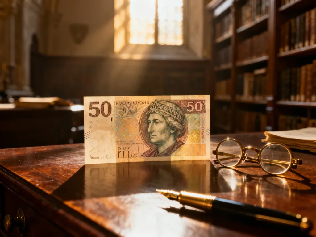 Zabytkowy banknot 500 zł leżący na biurku obok okularów i pióra, w otoczeniu regałów z książkami.