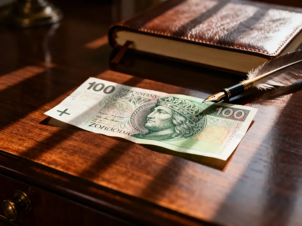 Banknot 100 złotych z wizerunkiem króla Władysława II Jagiełły leżący na drewnianym biurku obok pióra i notatnika.