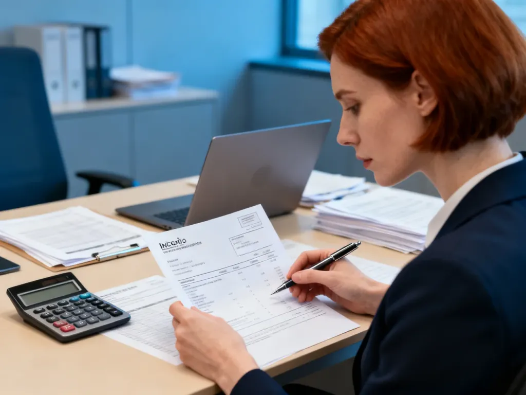 Bizneswoman w nowoczesnym biurze analizuje fakturę przy użyciu kalkulatora, przygotowując się do wystawienia dokumentu.
