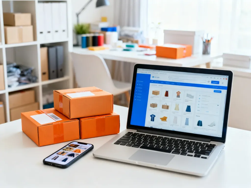 Stanowisko pracy z laptopem, paczkami i smartfonem, przygotowane do prowadzenia sprzedaży na platformie e-commerce.