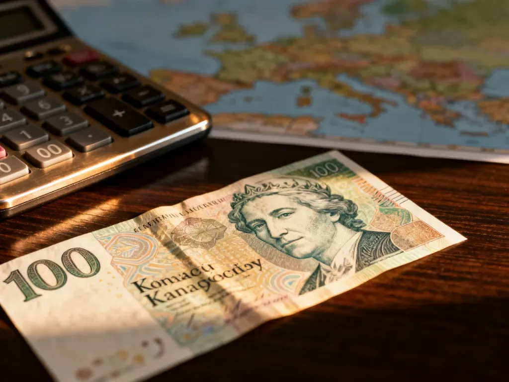 Banknot 100 koron czeskich leżący na drewnianym biurku obok kalkulatora, na tle rozmytej mapy Europy.