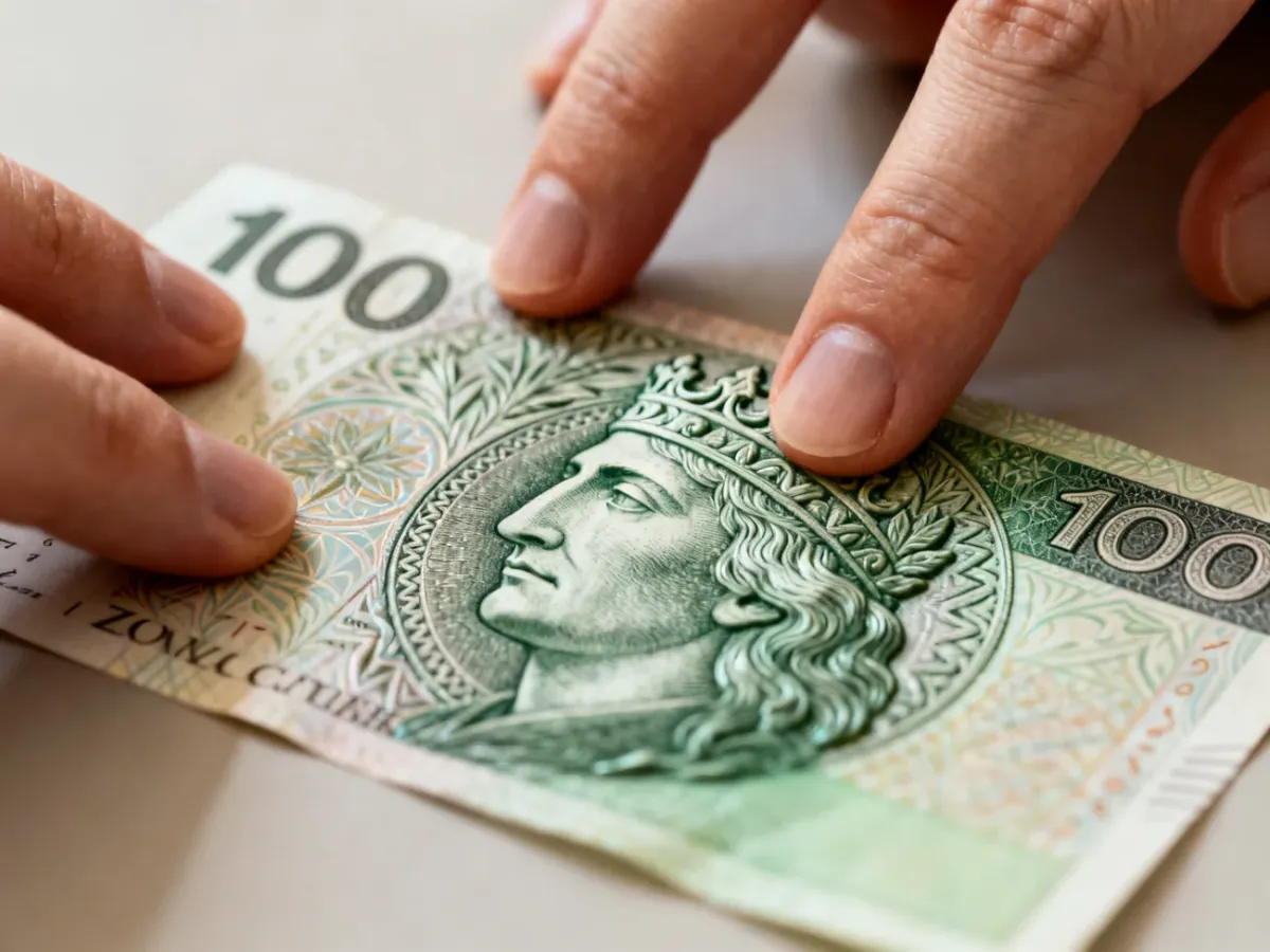 Zbliżenie dłoni sprawdzających wypukłości na banknocie 100 zł