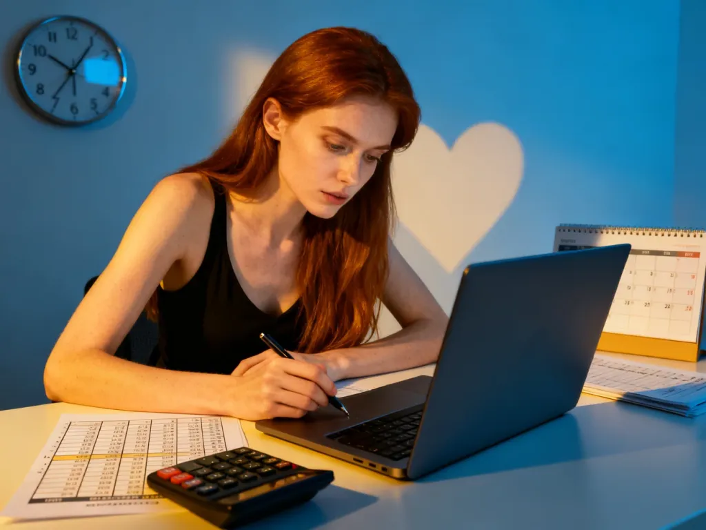 Kobieta w biurze oblicza godziny pracy na laptopie, korzystając z kalkulatora i arkusza ewidencji czasu pracy.