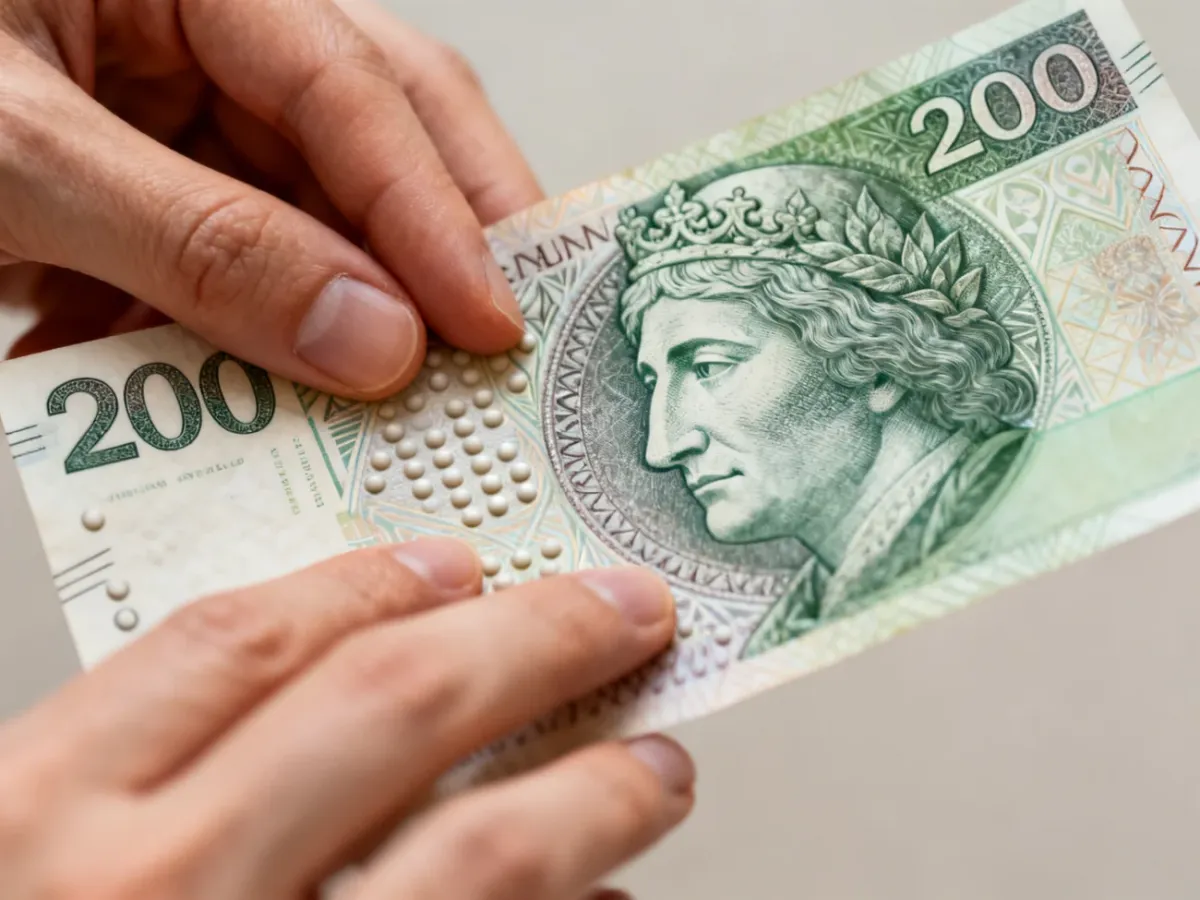 Zbliżenie dłoni sprawdzających wypukłości na banknocie 200 zł
