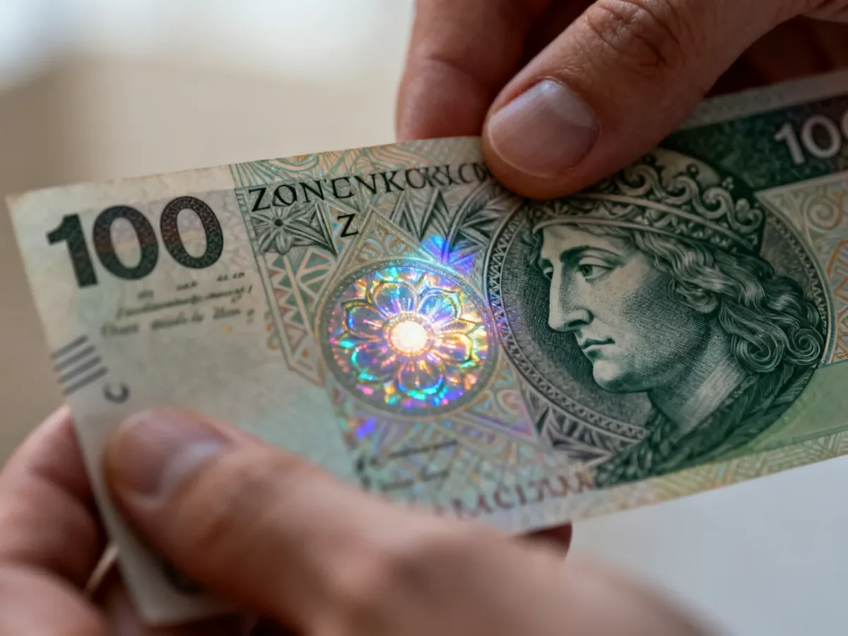 Przechylany banknot 100 zł z widoczną zmianą barwy rozety