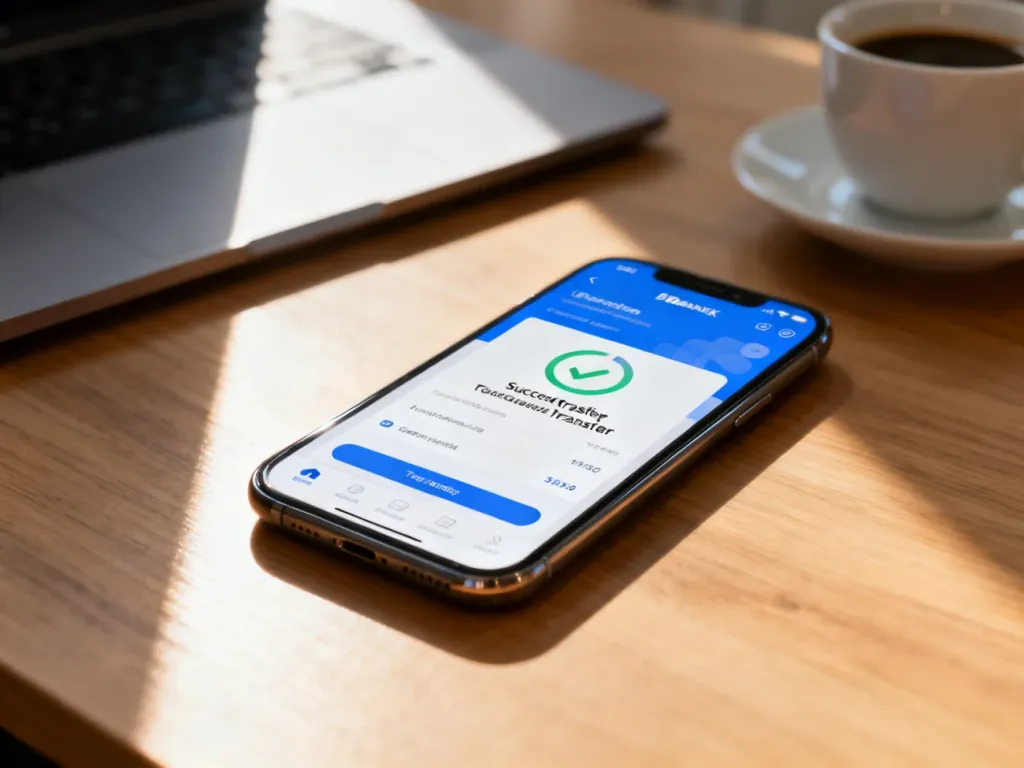 Smartfon z otwartą aplikacją bankową na drewnianym biurku, symbolizujący szybki i wygodny przelew w PKO BP.