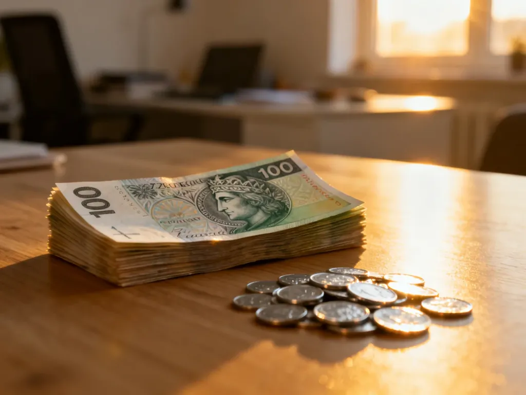Stos banknotów o nominale 100 zł oraz drobne monety leżące na drewnianym stole w słonecznym biurze.